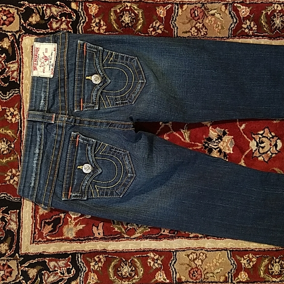 True Religion 25 Long Flap pocket Joey twist Boot Orange stitching Distressed - Picture 11 of 14